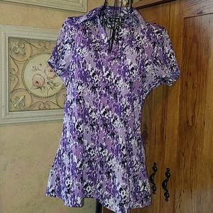 Fun, stylish button down, purple and black blouse